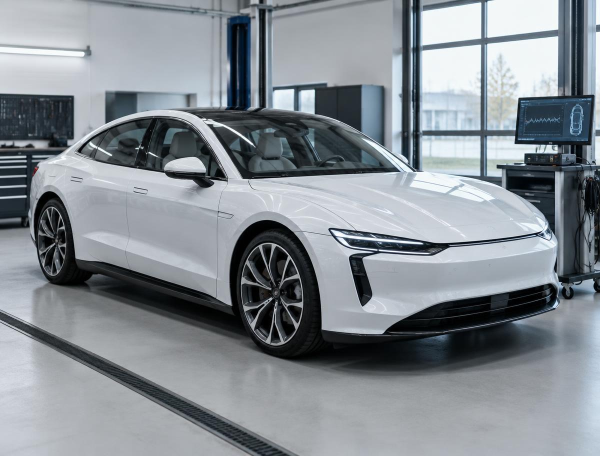 Modernes Elektrofahrzeug mit Diagnosetechnik in einer Werkstatt – illustrative Aufnahme